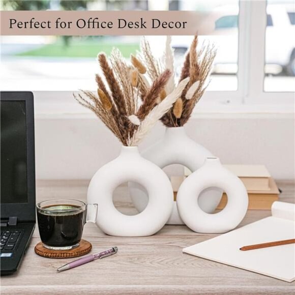 White Ceramic Vases with Dried Pampas Grass Set Home Decor Boho Room Gift - Picture 2 of 8